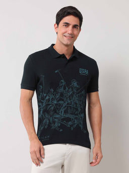 U.S. Polo Assn. Denim Co. - Men Graphic Navy Blue Half Sleeves Collar Neck Polo T-Shirt