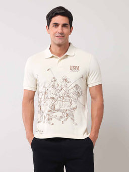 U.S. Polo Assn. Denim Co. - Men Graphic Off White Half Sleeves Collar Neck Polo T-Shirt