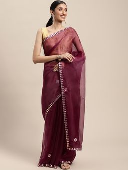 Vastranand - Wine Organza Party Wear Saree With Gotta Patto Mirror Work with Unstitched Blouse