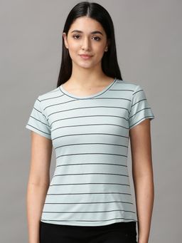 SHOWOFFFF - Womens Short Sleeves Round Neck Sea Green Striped Top