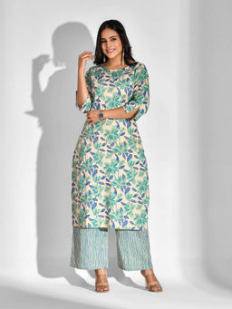 Mokshi - Women Green Floral Printed Cotton Kurta with Palazzo (Set of 2)