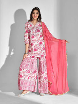 Mokshi - Women Pink Floral Printed Cotton Kurti with Sharara and Dupatta (Set of 3)
