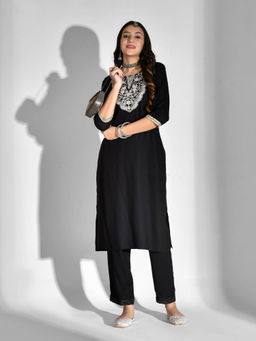 Mokshi - Women Black Embroidered Rayon Kurta with Pant (Set of 2)