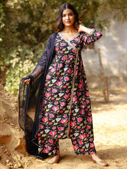 Mokshi - Women Black Floral Printed Cotton Angarkha Kurta with Palazzo and Dupatta (Set of 3)