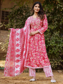Mokshi - Women Pink Floral Printed Rayon Kurta with Pant and Dupatta (Set of 3)
