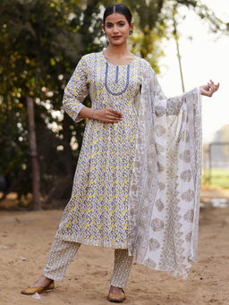 Mokshi - Women Grey Geometric Printed Rayon Kurta with Pant and Dupatta (Set of 3)