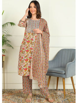 Mokshi - Women White Floral Printed Rayon Kurta with Pant and Dupatta (Set of 3)