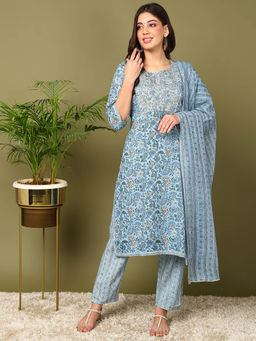 Mokshi - Women Blue Floral Printed Rayon Kurta with Pant and Dupatta (Set of 3)