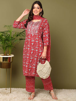 Mokshi - Women Red Floral Printed Rayon Kurta with Pant and Dupatta (Set of 3)