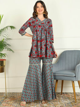 Mokshi - Women Red Floral Printed Rayon Kurti with Sharara (Set of 2)