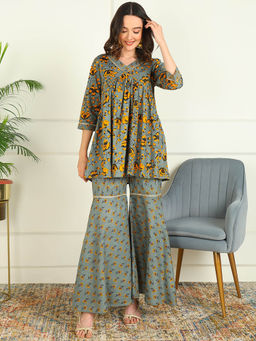 Mokshi - Women Yellow Floral Printed Rayon Kurti with Sharara (Set of 2)