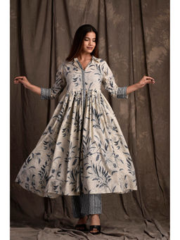 Mokshi - Women Beige Floral Printed Cotton Anarkali Kurta with Pant (Set of 2)