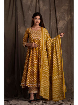 Mokshi - Women Mustard Floral Printed Cotton Anarkali Kurta with Pant and Dupatta (Set of 3)