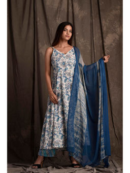 Mokshi - Women Blue Floral Printed Cotton Anarkali Kurta with Palazzo and Dupatta (Set of 3)