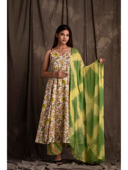 Mokshi - Women Yellow Floral Printed Cotton Anarkali Kurta with Palazzo and Dupatta (Set of 3)