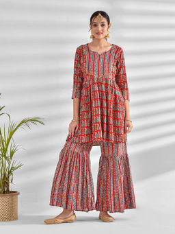 Mokshi - Women Maroon Paisley Printed Rayon Kurti with Sharara (Set of 2)