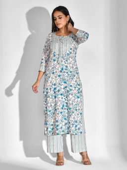 Mokshi - Women Blue Floral Printed Rayon Kurta with Pant (Set of 2)