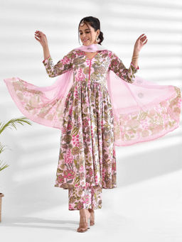 Mokshi - Women Pink Floral Printed Rayon Anarkali Kurta with Pant and Dupatta (Set of 3)