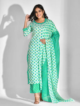 Mokshi - Women Green Floral Printed Cotton Kurta with Pant and Dupatta (Set of 3)