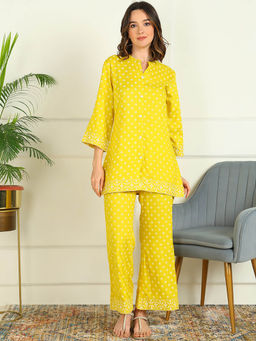 Mokshi - Women Yellow Printed Rayon Kurti with Palazzo (Set of 2)