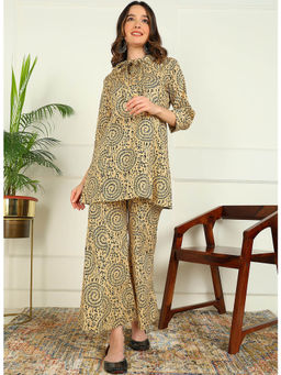 Mokshi - Women Beige Printed Cotton Kurti with Palazzo (Set of 2)