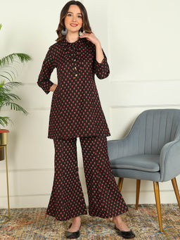 Mokshi - Women Black Floral Printed Cotton Kurti with Palazzo (Set of 2)