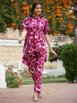 Mokshi - Women Purple Floral Printed Rayon Co-Ord (Set of 2)