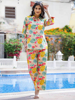 Mokshi - Women Beige Floral Printed Rayon Co-Ord (Set of 2)