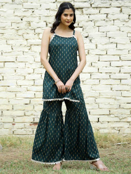 Mokshi - Women Green Printed Rayon Kurti with Sharara (Set of 2)