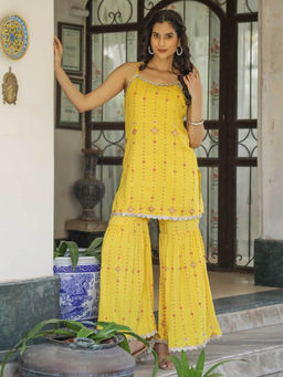 Mokshi - Women Yellow Printed Rayon Kurti with Sharara (Set of 2)