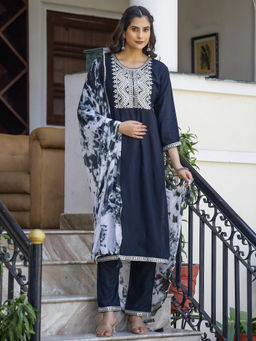 Mokshi - Women Black Embroidered Rayon Kurta with Pant and Dupatta (Set of 3)