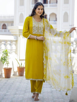 Mokshi - Women Yellow Embroidered Rayon Kurta with Pant and Dupatta (Set of 3)