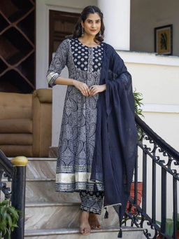 Mokshi - Women Black Paisley Printed Rayon Anarkali Kurta with Pant and Dupatta (Set of 3)
