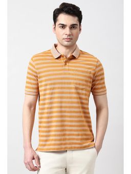 Peter England - Men Orange Stripes Polo T-Shirt