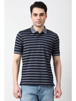 Peter England - Men Navy Blue Stripes Polo T-Shirt