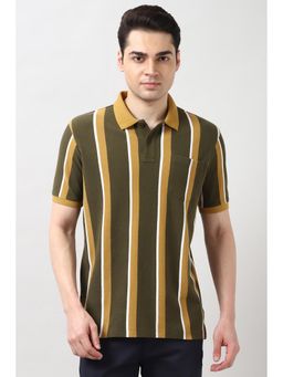 Peter England - Men Olive Stripes Polo T-Shirt