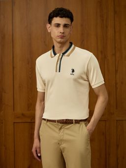 U.S. POLO ASSN. - Men Beige Solid Polo T-Shirt