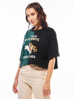 Bewakoof - Looney Tunes Womens Green and Black Graphic Oversized Short Top