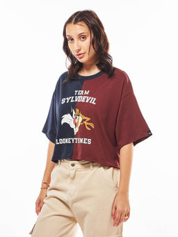 Bewakoof - Looney Tunes Women's Blue & Red Team Sylvdevil Graphic Printed Oversized Short Top