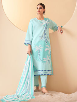 SPRAHA - Amayra Green Cotton Floral Print Embroidered Kurta with Pant and Dupatta (Set of 3)