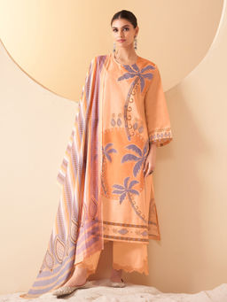 SPRAHA - Amayra Orange Cotton Floral Print Embroidered Kurta with Pant and Dupatta (Set of 3)