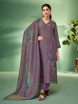 SPRAHA - Janasya Purple Simmar Crush Embroidered Kurta with Pant and Dupatta (Set of 3)