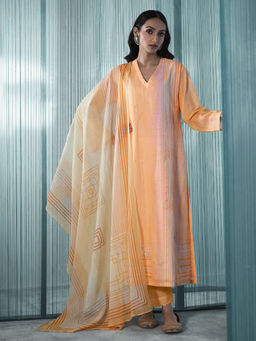 SPRAHA - Laker Orange Viscose Linen Printed Kurta with Pant and Dupatta (Set of 3)