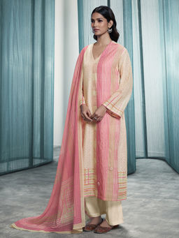 SPRAHA - Laker Yellow Viscose Linen Printed Kurta with Pant and Dupatta (Set of 3)