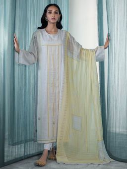 SPRAHA - Laker Light Blue Viscose Linen Printed Kurta with Pant and Dupatta (Set of 3)