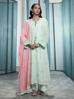SPRAHA - Laker Light Green Viscose Linen Printed Kurta with Pant and Dupatta (Set of 3)