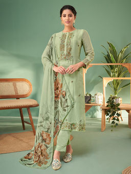 SPRAHA - Sagar Green Organza Embroidered Kurta with Pant and Dupatta (Set of 3)