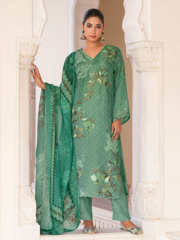 SPRAHA - Shagun Turquoise Floral Print Embroidered Kurta with Pant and Dupatta (Set of 3)