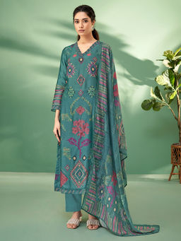 SPRAHA - Simran Teal Russian Silk Embroidered Kurta with Pant and Dupatta (Set of 3)