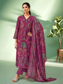 SPRAHA - Simran Magenta Russian Silk Embroidered Kurta with Pant and Dupatta (Set of 3)